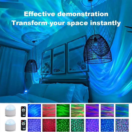 2 Scene-7 Color Star Projector Light with Music Rhythm Ocean Wave & 3D Water Ripple Effects Romantic Night Light for Bedroom Party Best Gift for Kids & Lovers Rgb Projection Lamp, Led Ambient Light, Adjustable Light Color,Summervibes