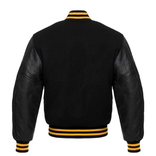 Varsity Bomber Letterman Black Wool & Real Cowhide Leather Sleeves Jackets