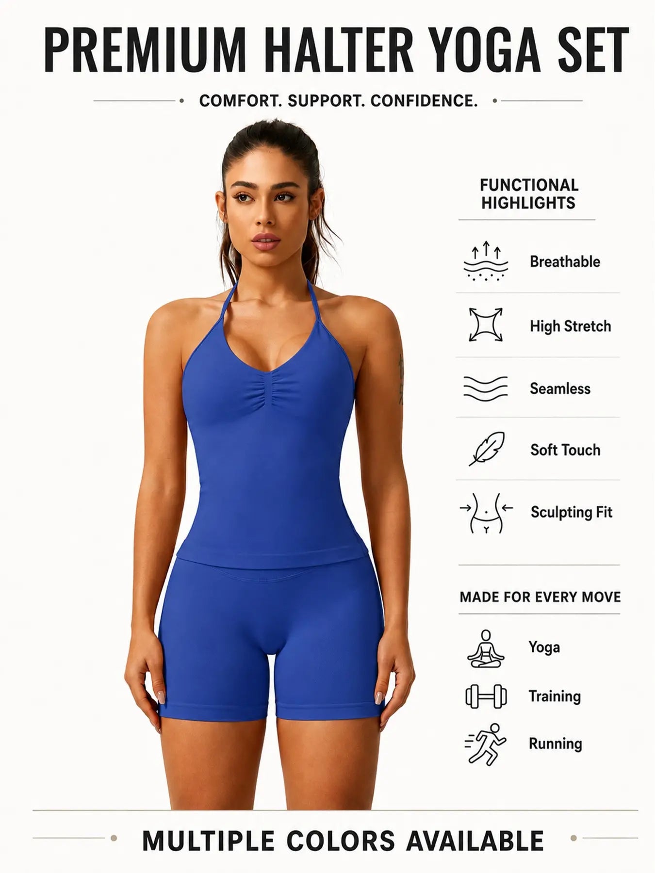 Women'S Solid Ruched Design Backless Halter Top & High Waist Shorts Tracksuit Set, Sporty Breathable Comfortable Two-Piece Outfits for Yoga Gym Workout Running, Breathable Activewear, High Stretch Activewear