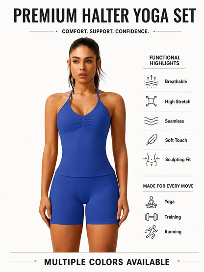 Women'S Solid Ruched Design Backless Halter Top & High Waist Shorts Tracksuit Set, Sporty Breathable Comfortable Two-Piece Outfits for Yoga Gym Workout Running, Breathable Activewear, High Stretch Activewear