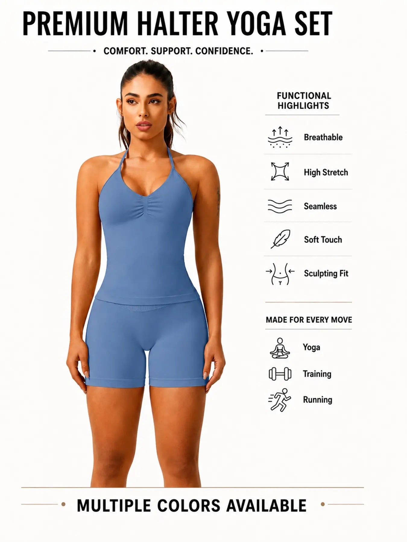 Women'S Solid Ruched Design Backless Halter Top & High Waist Shorts Tracksuit Set, Sporty Breathable Comfortable Two-Piece Outfits for Yoga Gym Workout Running, Breathable Activewear, High Stretch Activewear