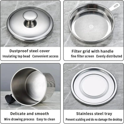 Stainless Steel Oil Pot, Kitchen Oil Dispenser with Tray and Lid, Olive Oil Dispenser, Oil Drip Drainer, Bacon Grease Container, Kitchen Gadget