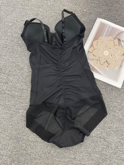 Women'S Deep V Backless Body Shaping Shapewear Bodysuit Adjustable, Ruched Design Sheer Top, Regular Length Casual Underwear for All Seasons Shaper