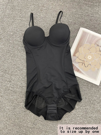 Women'S Deep V Backless Body Shaping Shapewear Bodysuit Adjustable, Ruched Design Sheer Top, Regular Length Casual Underwear for All Seasons Shaper