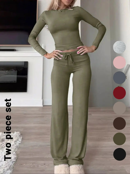 Women'S Solid-Color Long-Sleeve Soft Knit Fabric Crop Tee & High-Waisted Drawstring Pants Two-Piece Set, Casual Slim-Fit Everyday Outfit for Fall and Winter
