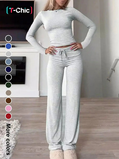 Women'S Solid-Color Long-Sleeve Soft Knit Fabric Crop Tee & High-Waisted Drawstring Pants Two-Piece Set, Casual Slim-Fit Everyday Outfit for Fall and Winter