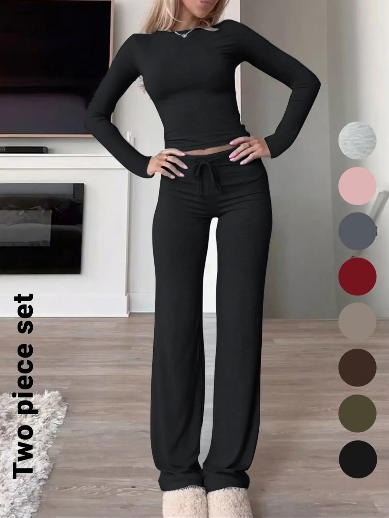Women'S Solid-Color Long-Sleeve Soft Knit Fabric Crop Tee & High-Waisted Drawstring Pants Two-Piece Set, Casual Slim-Fit Everyday Outfit for Fall and Winter