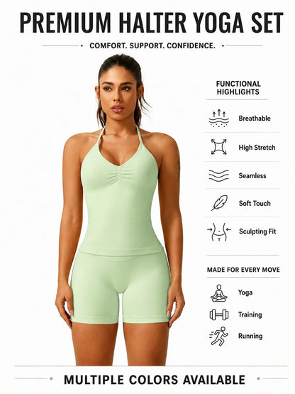 Women'S Solid Ruched Design Backless Halter Top & High Waist Shorts Tracksuit Set, Sporty Breathable Comfortable Two-Piece Outfits for Yoga Gym Workout Running, Breathable Activewear, High Stretch Activewear