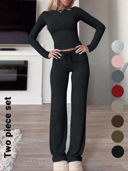 Women'S Solid-Color Long-Sleeve Soft Knit Fabric Crop Tee & High-Waisted Drawstring Pants Two-Piece Set, Casual Slim-Fit Everyday Outfit for Fall and Winter