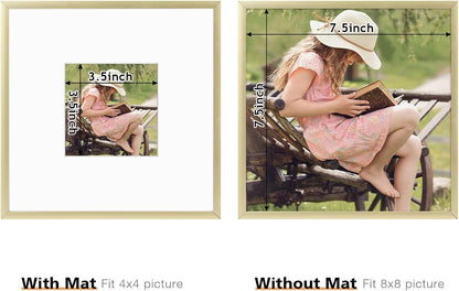 , 8X8 Aluminum Picture Frame - 8 X 8 Gold Frame with Removable Mat for 4 X 4 Photo - 8 by 8 Durable Metal Frame with Real Glass - Sawtooth Hanger for Easy Wall Display - 1 Pack