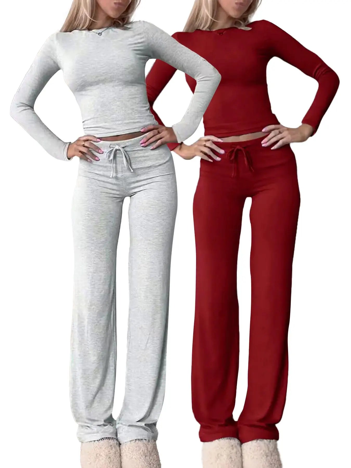 Women'S Solid-Color Long-Sleeve Soft Knit Fabric Crop Tee & High-Waisted Drawstring Pants Two-Piece Set, Casual Slim-Fit Everyday Outfit for Fall and Winter
