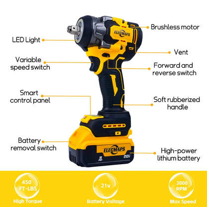 Suitable for 20V Batteries, Cordless 450N High-Torque Impact Wrench. 3000 RPM, Brushless Motor, 450 Lb., Tool Only, Battery Not Included. Suitable for Heavy Machinery and Automotive Repair.