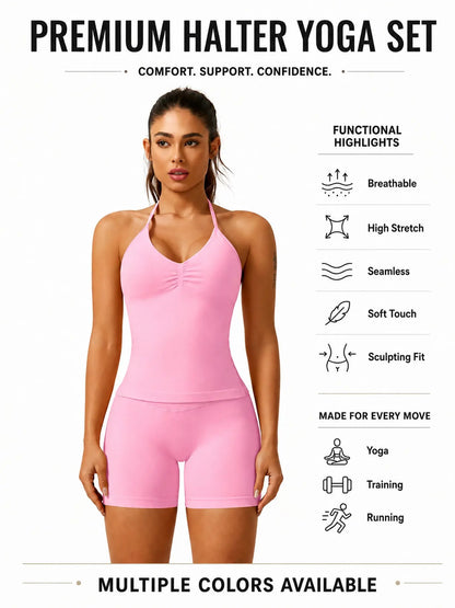 Women'S Solid Ruched Design Backless Halter Top & High Waist Shorts Tracksuit Set, Sporty Breathable Comfortable Two-Piece Outfits for Yoga Gym Workout Running, Breathable Activewear, High Stretch Activewear