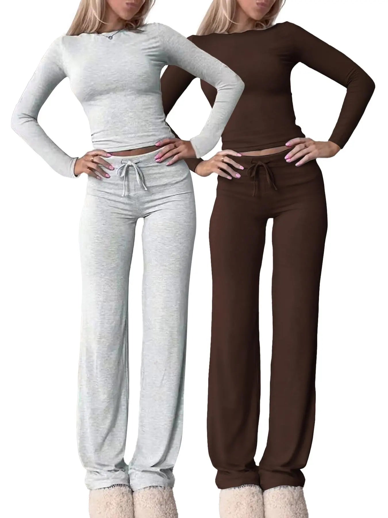 Women'S Solid-Color Long-Sleeve Soft Knit Fabric Crop Tee & High-Waisted Drawstring Pants Two-Piece Set, Casual Slim-Fit Everyday Outfit for Fall and Winter