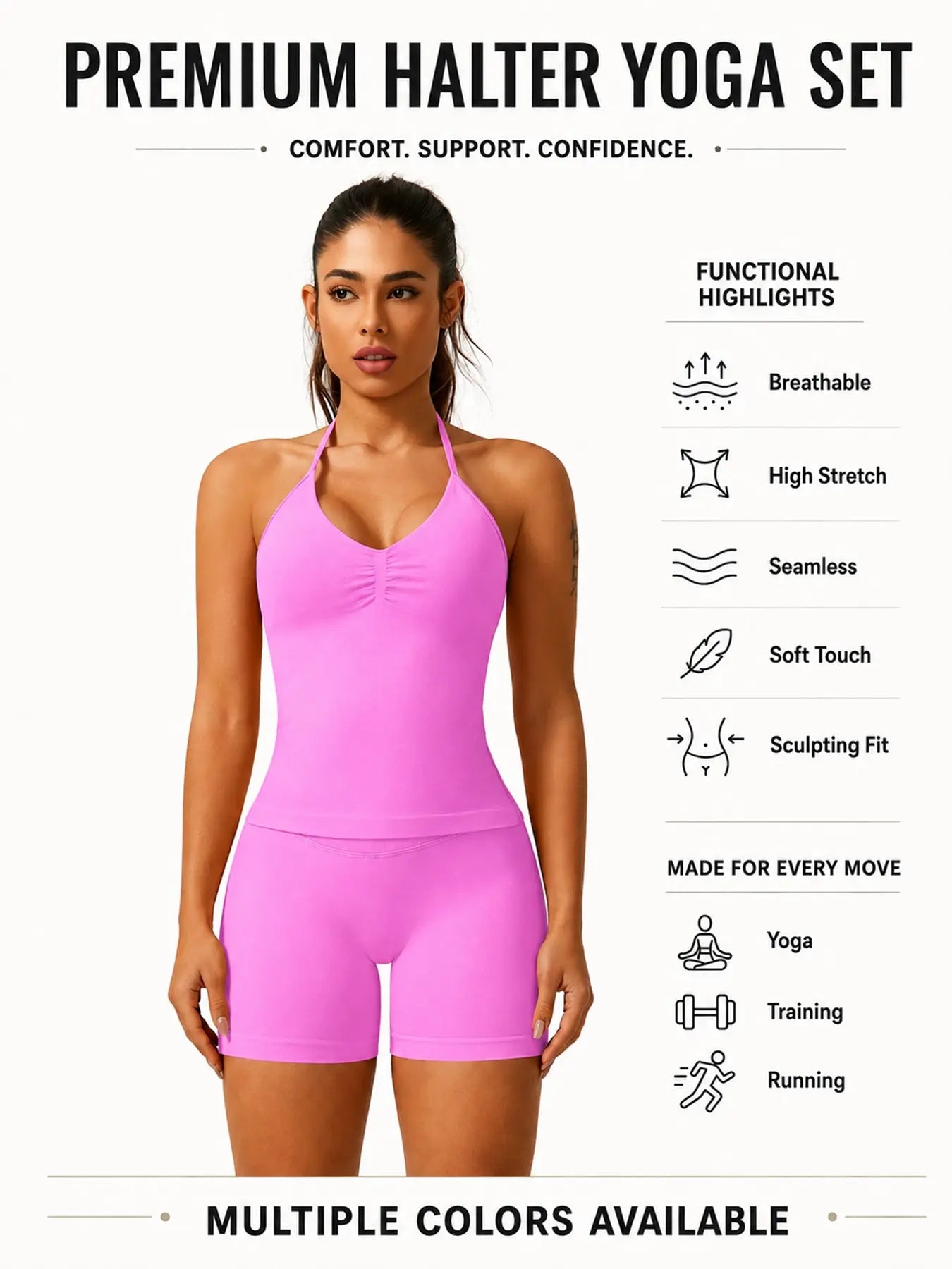 Women'S Solid Ruched Design Backless Halter Top & High Waist Shorts Tracksuit Set, Sporty Breathable Comfortable Two-Piece Outfits for Yoga Gym Workout Running, Breathable Activewear, High Stretch Activewear