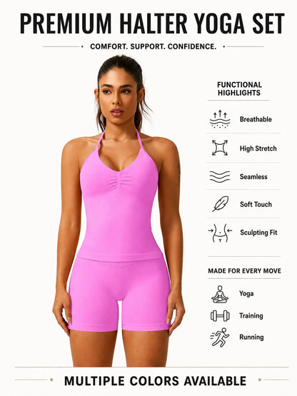 Women'S Solid Ruched Design Backless Halter Top & High Waist Shorts Tracksuit Set, Sporty Breathable Comfortable Two-Piece Outfits for Yoga Gym Workout Running, Breathable Activewear, High Stretch Activewear