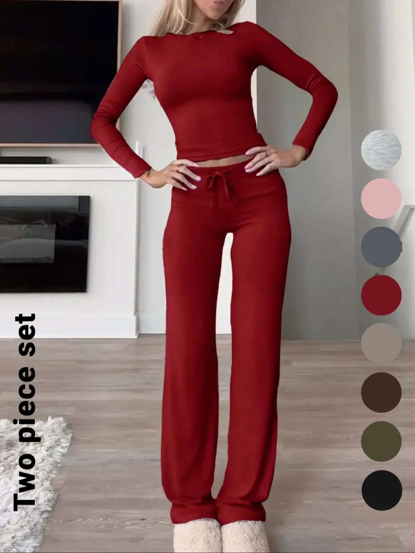 Women'S Solid-Color Long-Sleeve Soft Knit Fabric Crop Tee & High-Waisted Drawstring Pants Two-Piece Set, Casual Slim-Fit Everyday Outfit for Fall and Winter