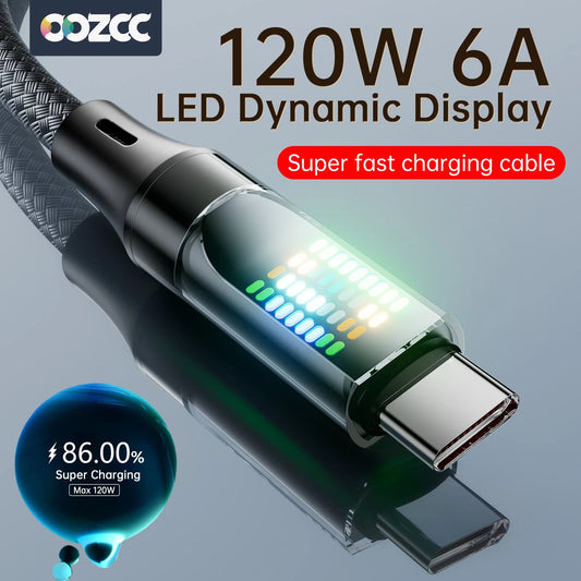 120W Type C Fast Charging Cable 6A USBA to Type C Nylon Data Cord for Xiaomi Samsung with Led Display USB C Cable