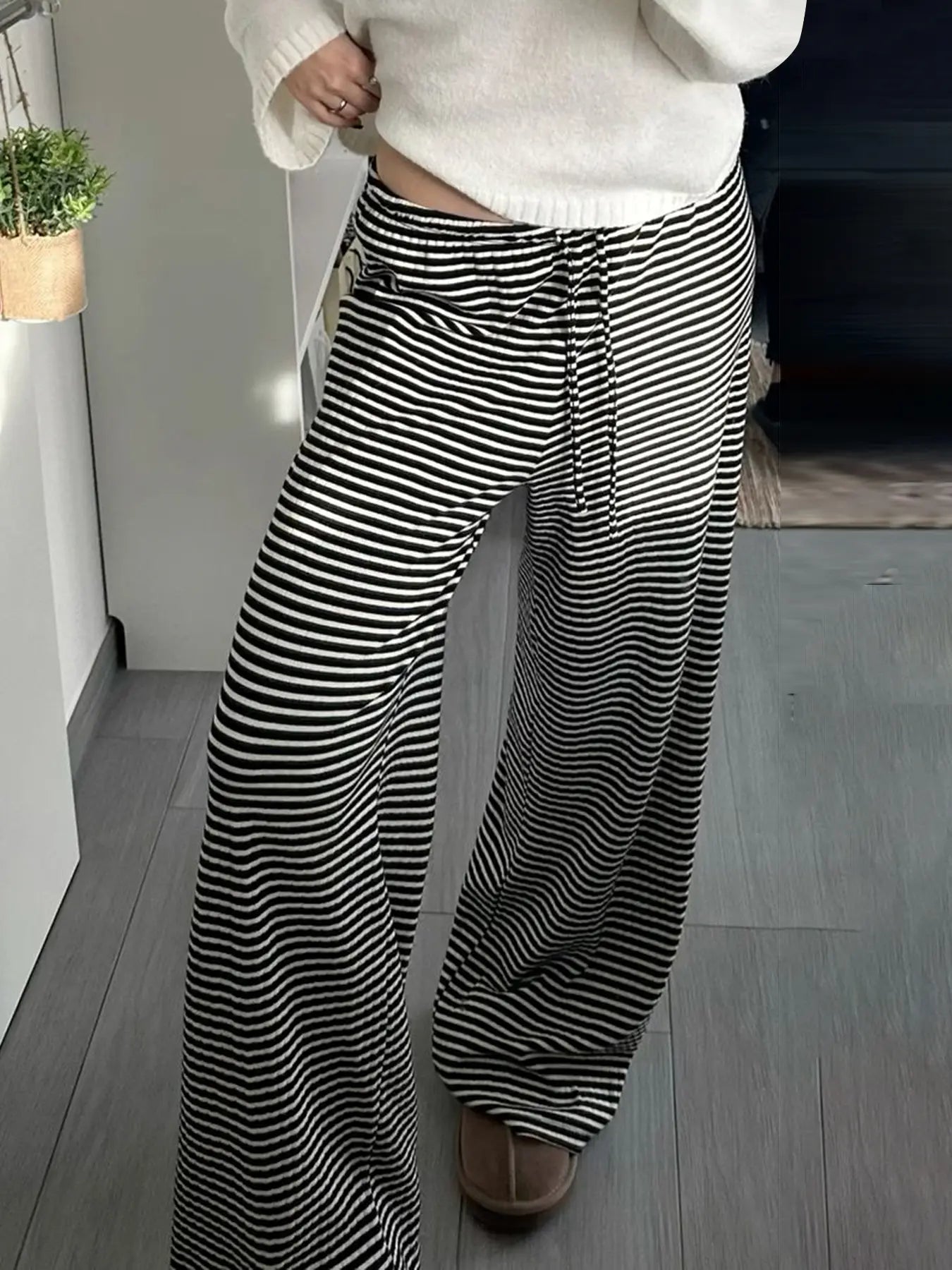 Women'S Striped Print Drawstring Waist Straight Leg Pants, Casual Comfy Drop Waist Trousers for Daily Wear, Ladies Bottoms for Summer