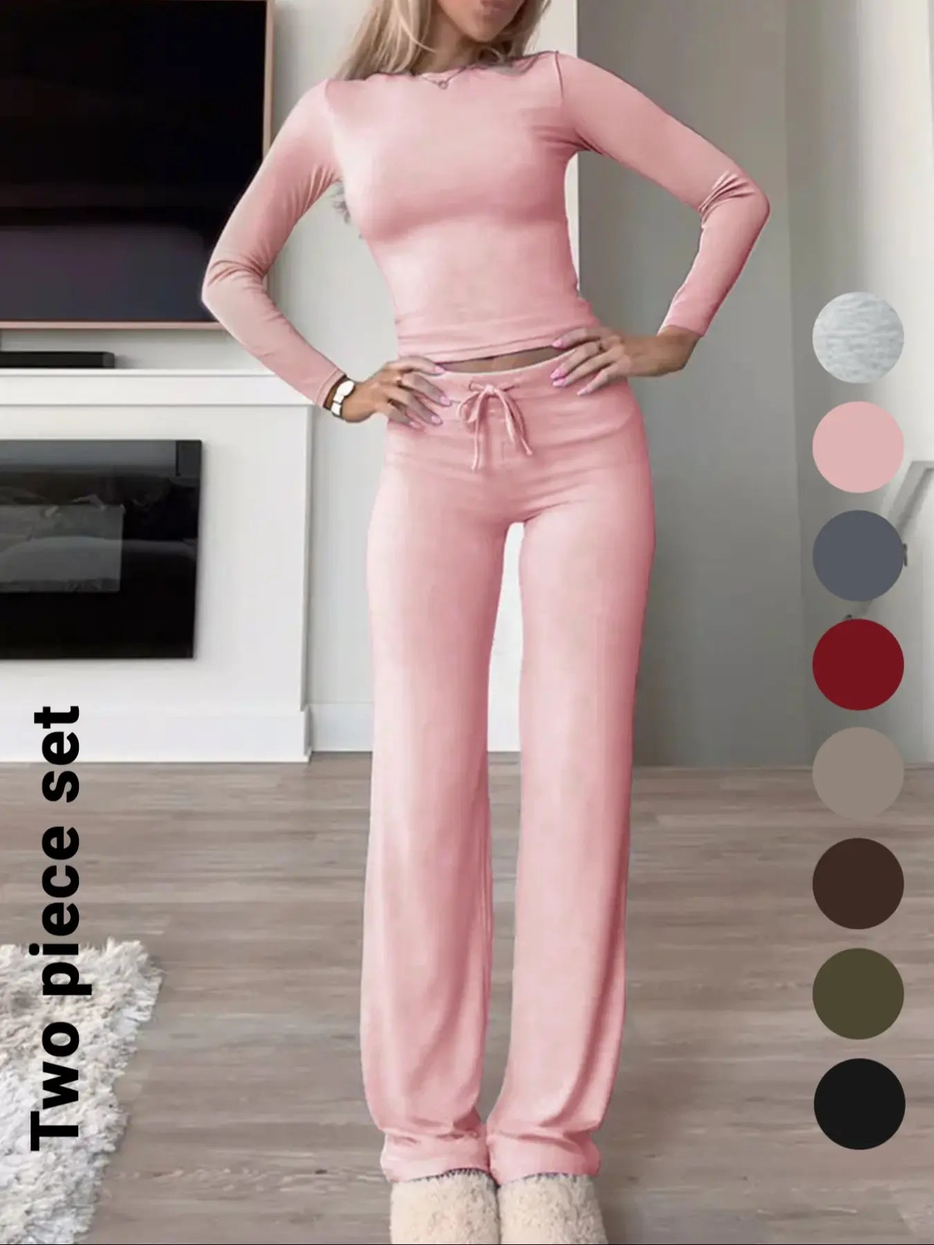 Women'S Solid-Color Long-Sleeve Soft Knit Fabric Crop Tee & High-Waisted Drawstring Pants Two-Piece Set, Casual Slim-Fit Everyday Outfit for Fall and Winter