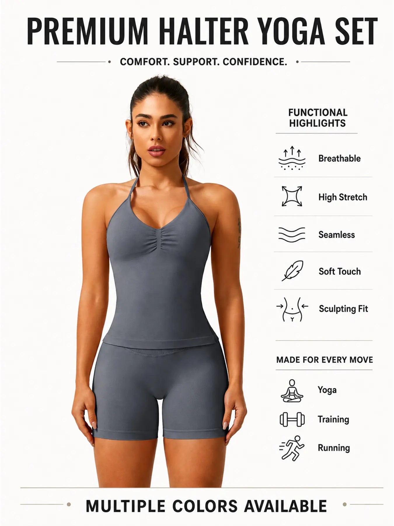Women'S Solid Ruched Design Backless Halter Top & High Waist Shorts Tracksuit Set, Sporty Breathable Comfortable Two-Piece Outfits for Yoga Gym Workout Running, Breathable Activewear, High Stretch Activewear