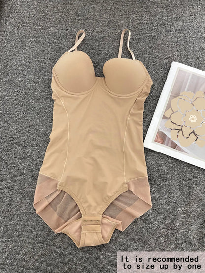 Women'S Deep V Backless Body Shaping Shapewear Bodysuit Adjustable, Ruched Design Sheer Top, Regular Length Casual Underwear for All Seasons Shaper