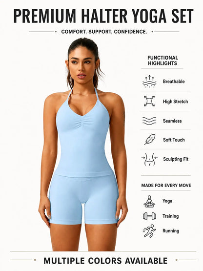 Women'S Solid Ruched Design Backless Halter Top & High Waist Shorts Tracksuit Set, Sporty Breathable Comfortable Two-Piece Outfits for Yoga Gym Workout Running, Breathable Activewear, High Stretch Activewear