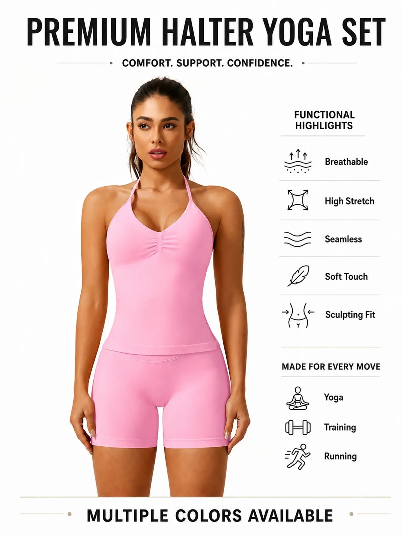Women'S Solid Ruched Design Backless Halter Top & High Waist Shorts Tracksuit Set, Sporty Breathable Comfortable Two-Piece Outfits for Yoga Gym Workout Running, Breathable Activewear, High Stretch Activewear