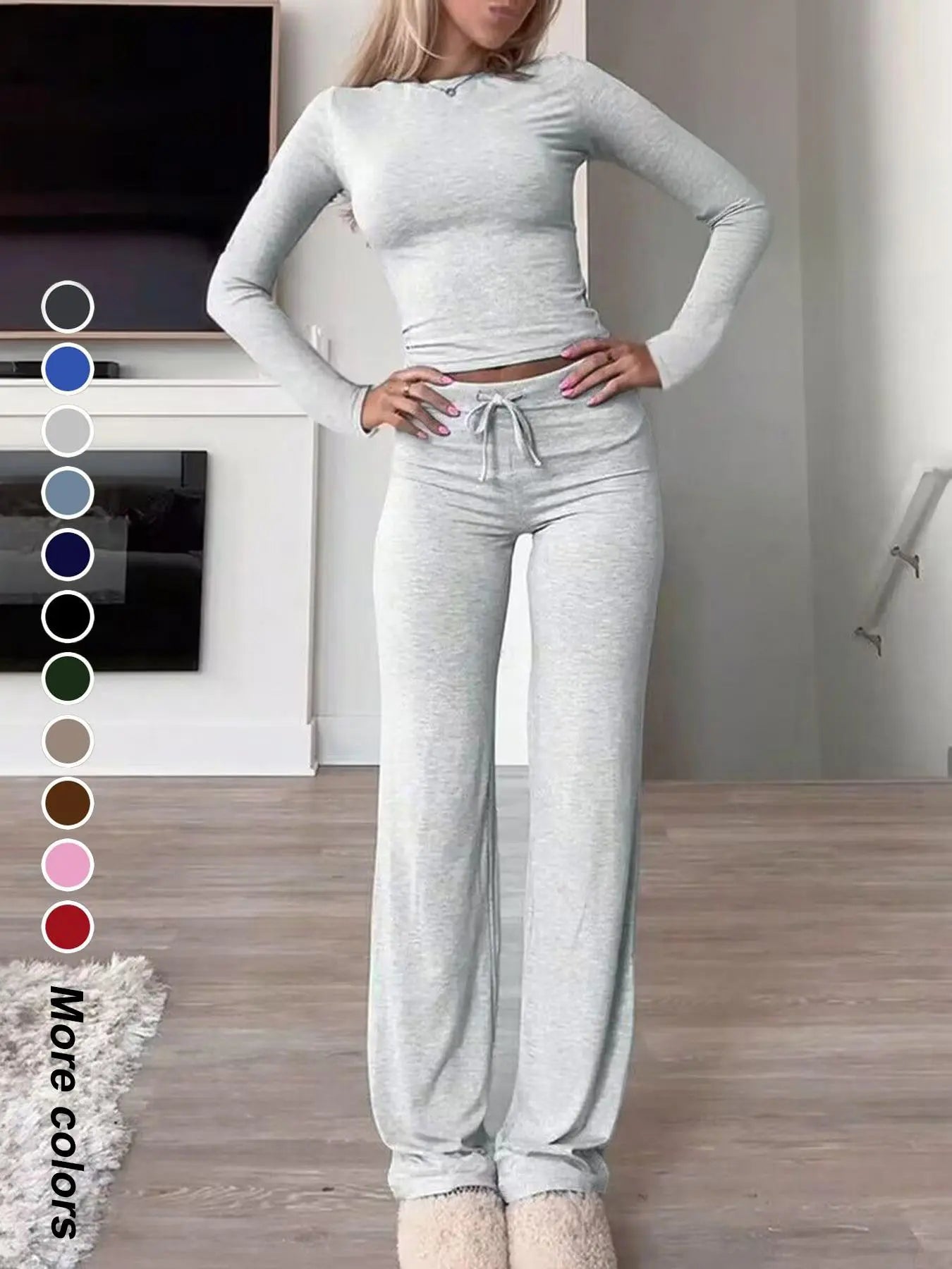 Women'S Solid-Color Long-Sleeve Soft Knit Fabric Crop Tee & High-Waisted Drawstring Pants Two-Piece Set, Casual Slim-Fit Everyday Outfit for Fall and Winter