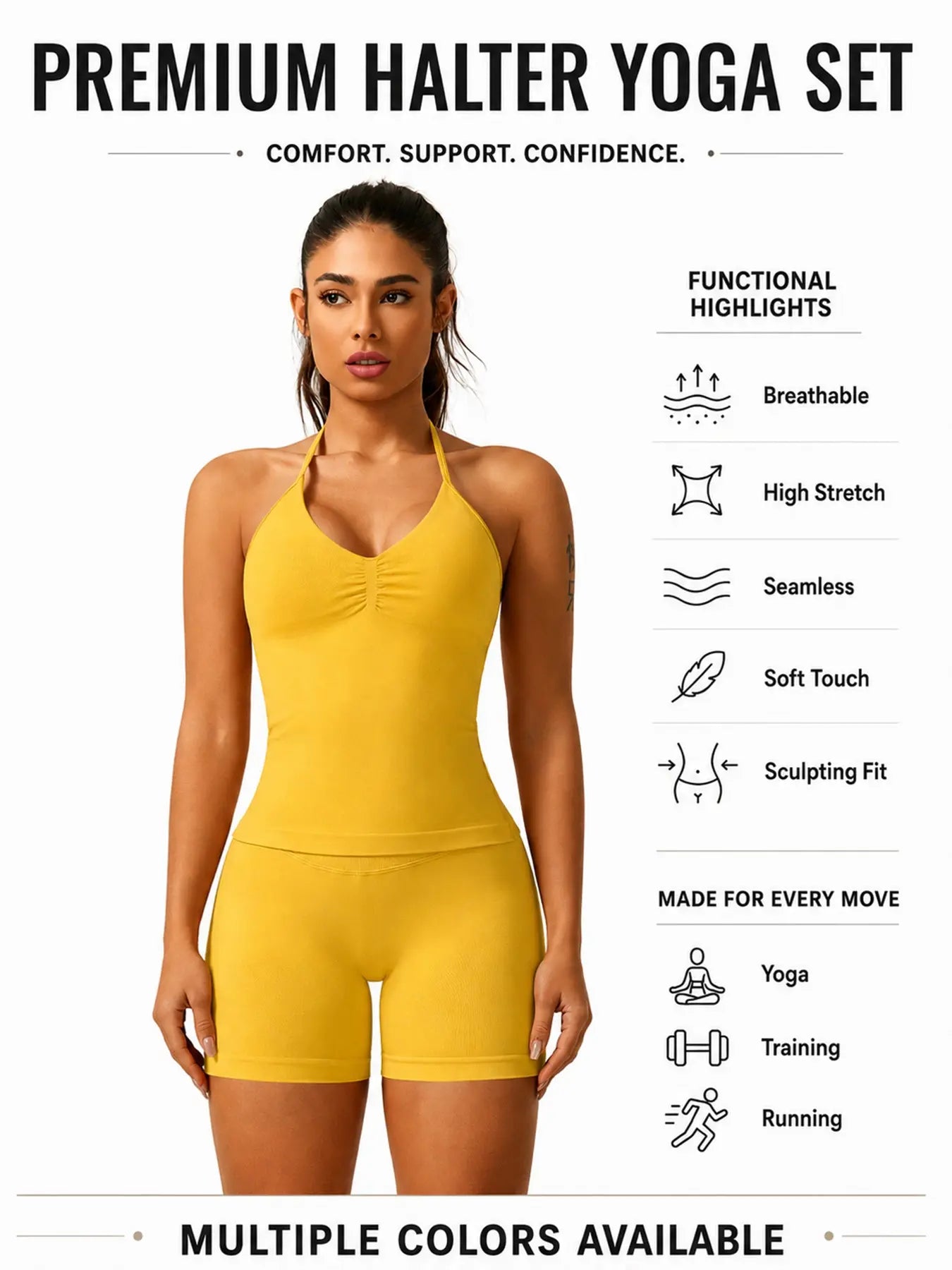 Women'S Solid Ruched Design Backless Halter Top & High Waist Shorts Tracksuit Set, Sporty Breathable Comfortable Two-Piece Outfits for Yoga Gym Workout Running, Breathable Activewear, High Stretch Activewear