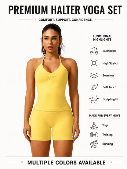Women'S Solid Ruched Design Backless Halter Top & High Waist Shorts Tracksuit Set, Sporty Breathable Comfortable Two-Piece Outfits for Yoga Gym Workout Running, Breathable Activewear, High Stretch Activewear
