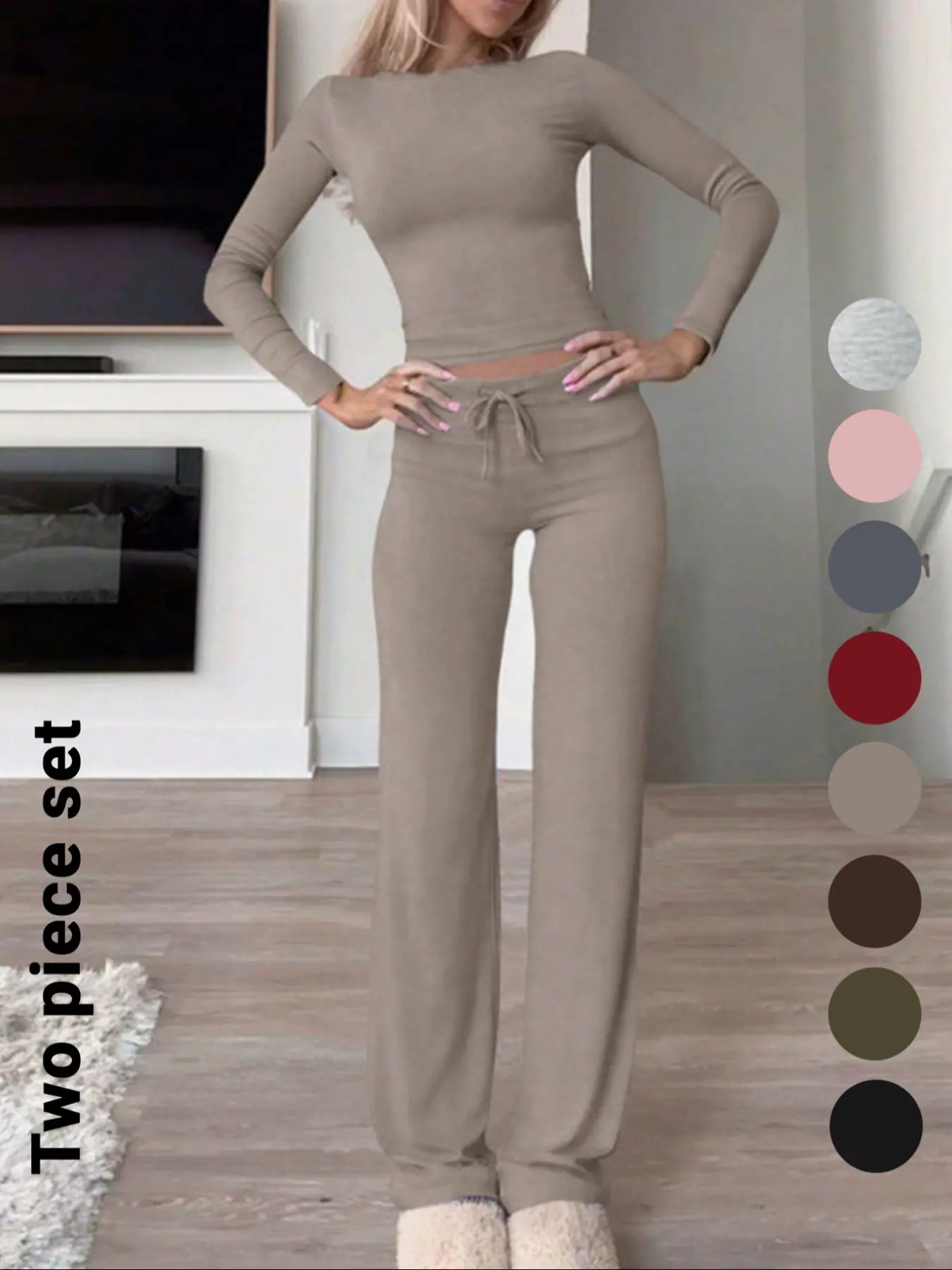 Women'S Solid-Color Long-Sleeve Soft Knit Fabric Crop Tee & High-Waisted Drawstring Pants Two-Piece Set, Casual Slim-Fit Everyday Outfit for Fall and Winter
