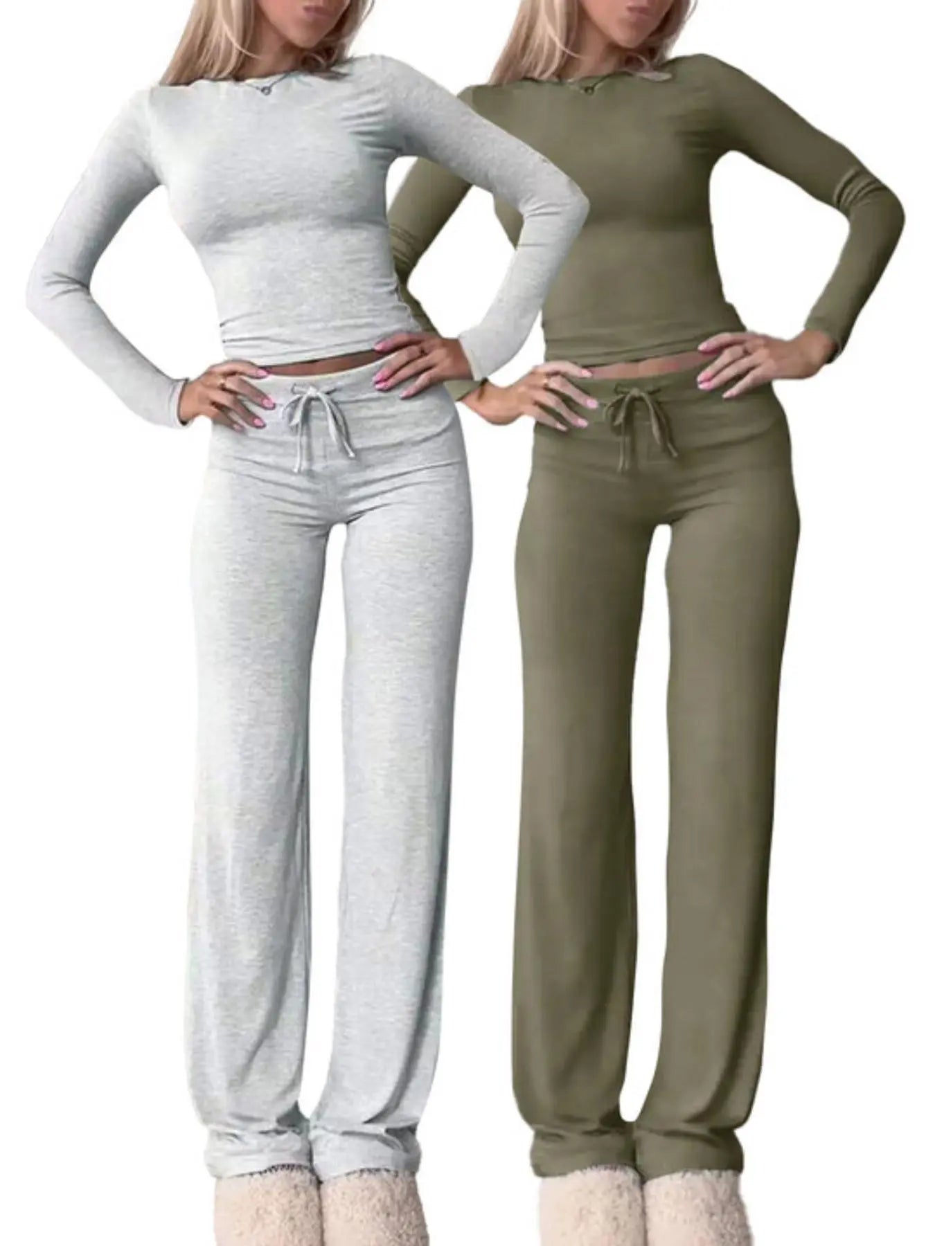 Women'S Solid-Color Long-Sleeve Soft Knit Fabric Crop Tee & High-Waisted Drawstring Pants Two-Piece Set, Casual Slim-Fit Everyday Outfit for Fall and Winter