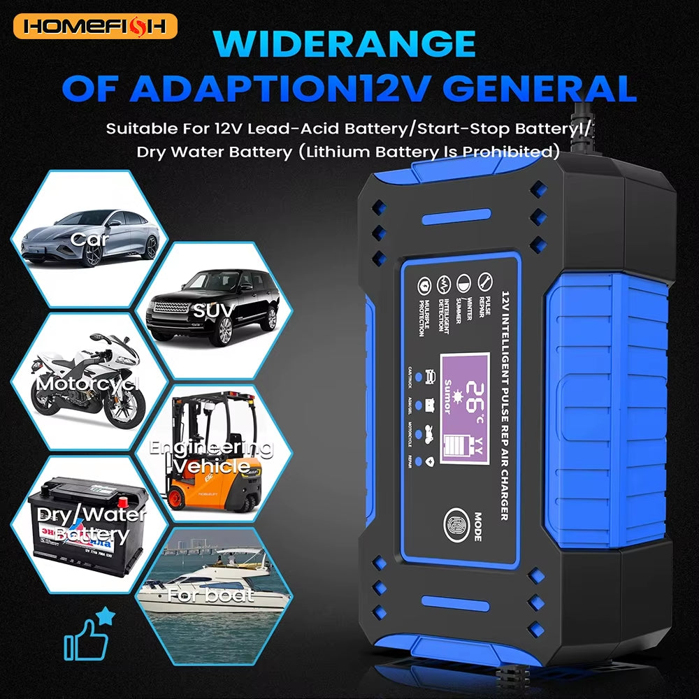 Battery Repair LCD Display 6A 12V Intelligent Car Battery Charger Car and Motorcycle Battery Charging Unit Lead-Acid