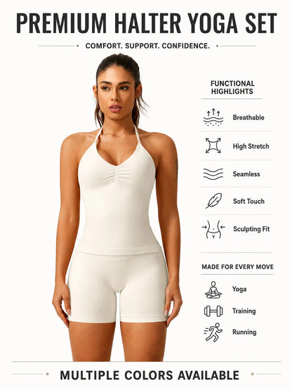 Women'S Solid Ruched Design Backless Halter Top & High Waist Shorts Tracksuit Set, Sporty Breathable Comfortable Two-Piece Outfits for Yoga Gym Workout Running, Breathable Activewear, High Stretch Activewear