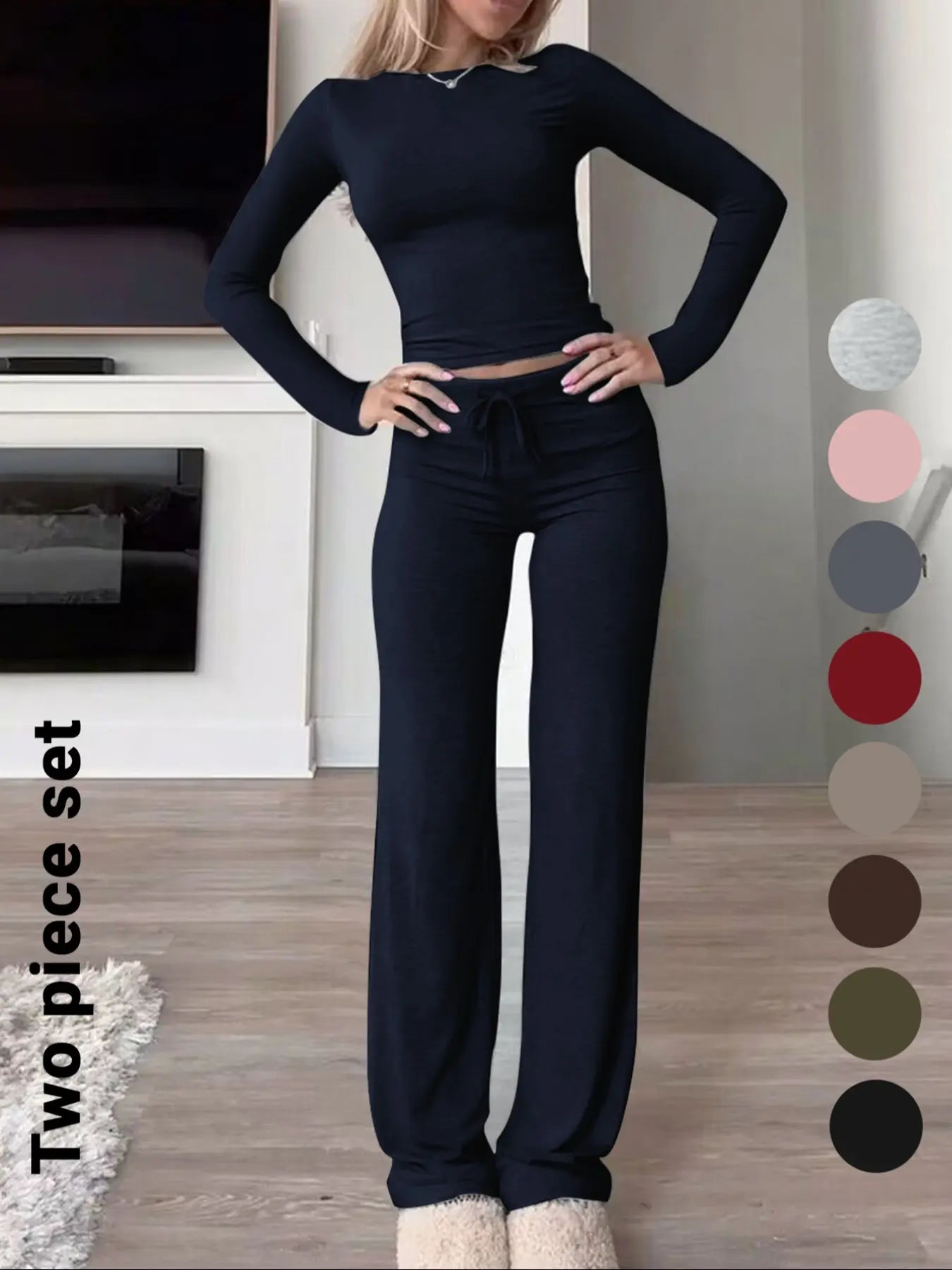 Women'S Solid-Color Long-Sleeve Soft Knit Fabric Crop Tee & High-Waisted Drawstring Pants Two-Piece Set, Casual Slim-Fit Everyday Outfit for Fall and Winter
