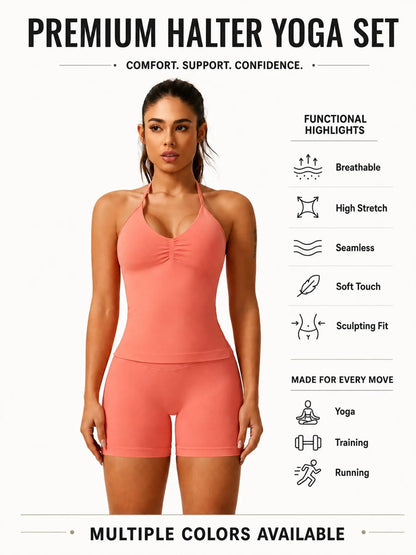 Women'S Solid Ruched Design Backless Halter Top & High Waist Shorts Tracksuit Set, Sporty Breathable Comfortable Two-Piece Outfits for Yoga Gym Workout Running, Breathable Activewear, High Stretch Activewear