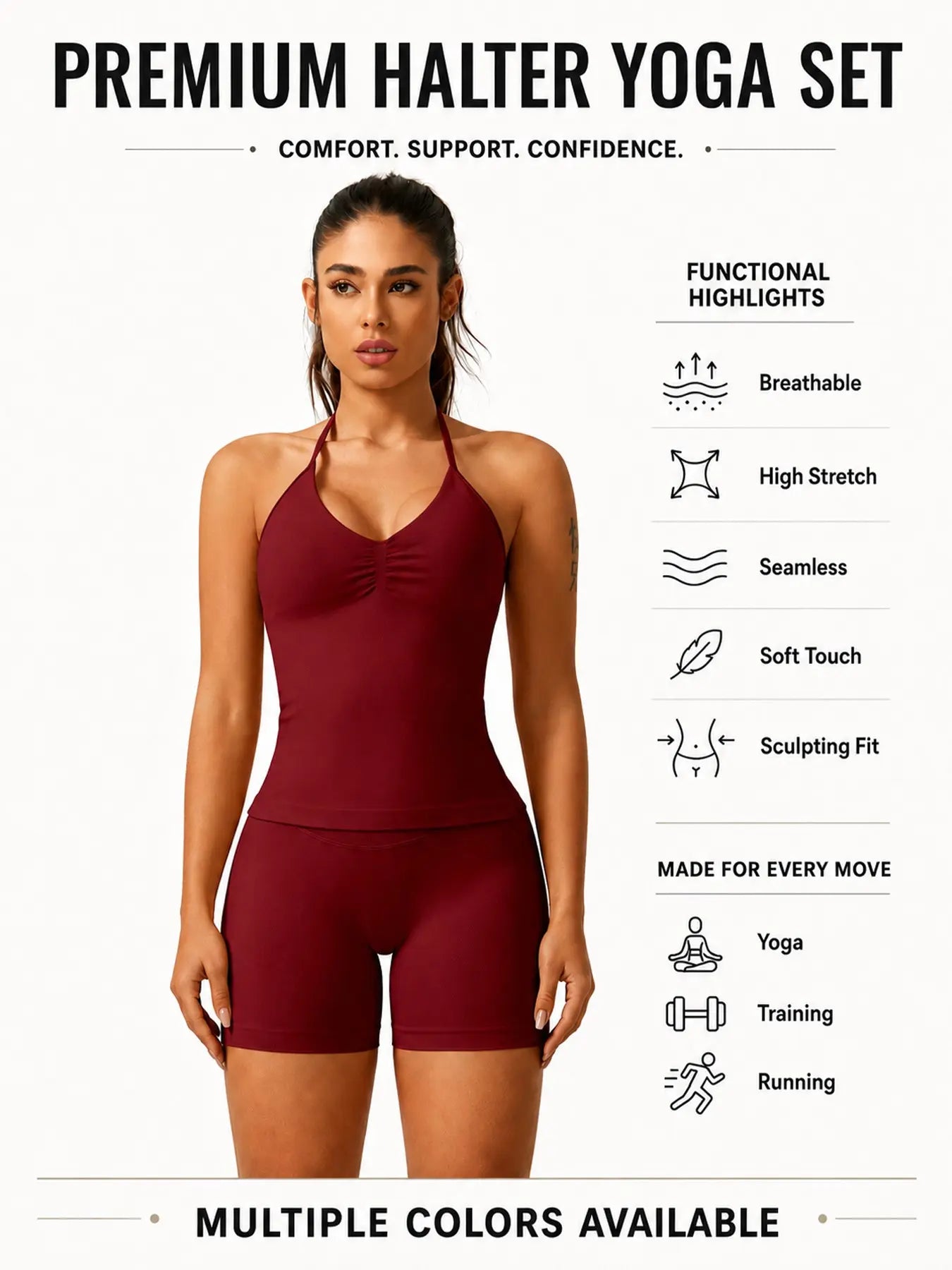 Women'S Solid Ruched Design Backless Halter Top & High Waist Shorts Tracksuit Set, Sporty Breathable Comfortable Two-Piece Outfits for Yoga Gym Workout Running, Breathable Activewear, High Stretch Activewear