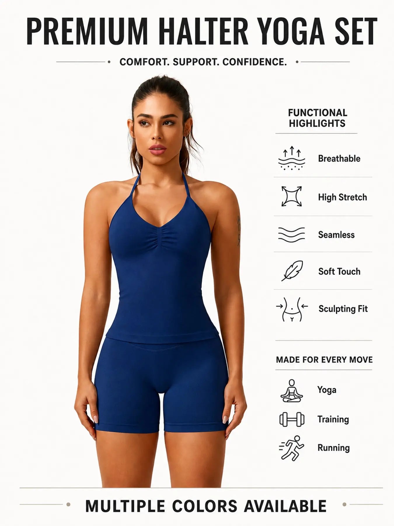 Women'S Solid Ruched Design Backless Halter Top & High Waist Shorts Tracksuit Set, Sporty Breathable Comfortable Two-Piece Outfits for Yoga Gym Workout Running, Breathable Activewear, High Stretch Activewear