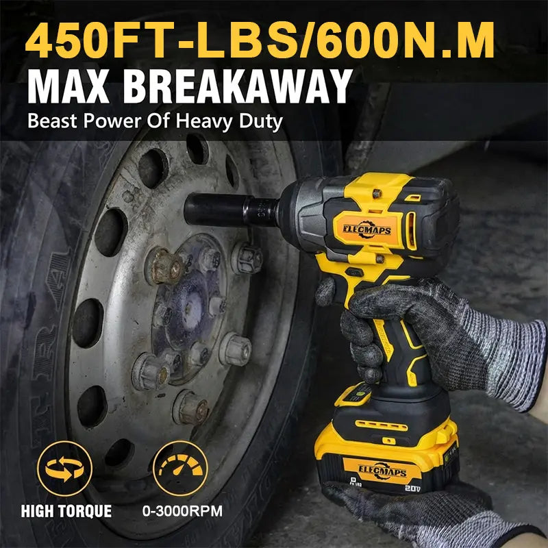 Suitable for 20V Batteries, Cordless 450N High-Torque Impact Wrench. 3000 RPM, Brushless Motor, 450 Lb., Tool Only, Battery Not Included. Suitable for Heavy Machinery and Automotive Repair.