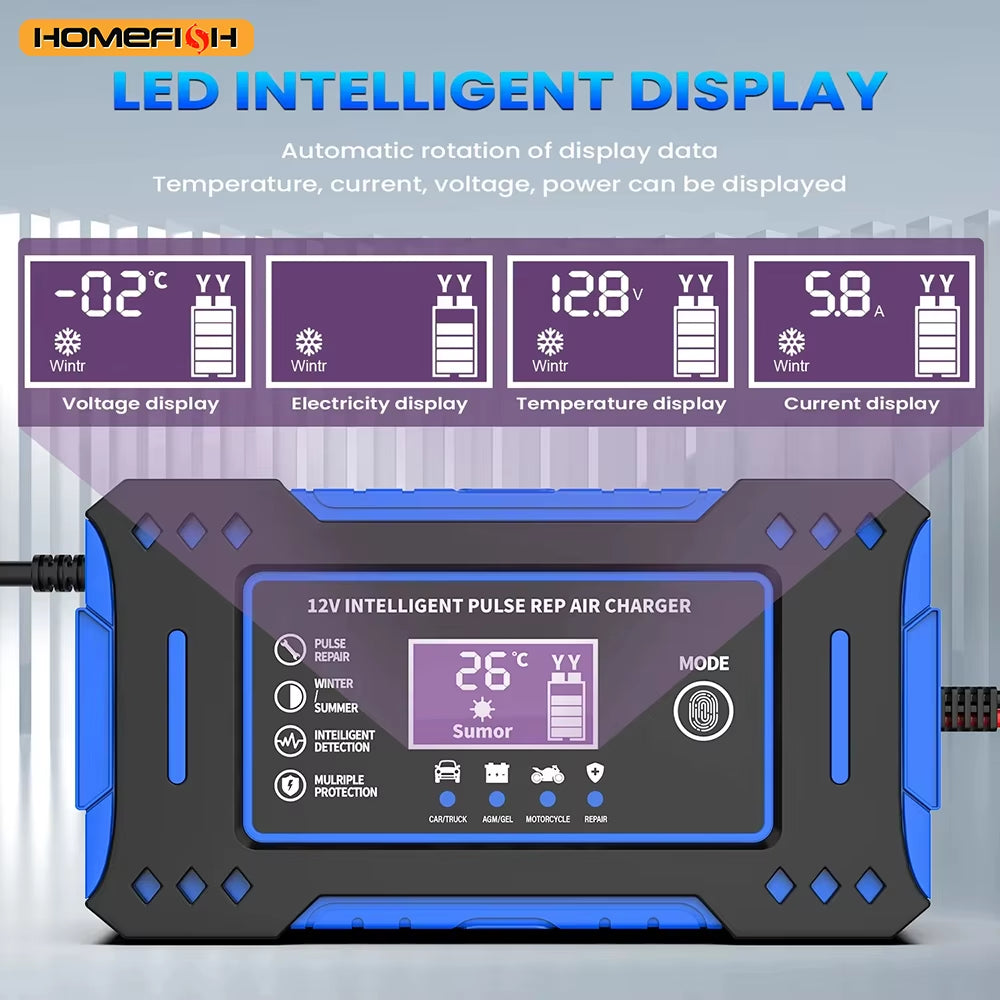 Battery Repair LCD Display 6A 12V Intelligent Car Battery Charger Car and Motorcycle Battery Charging Unit Lead-Acid