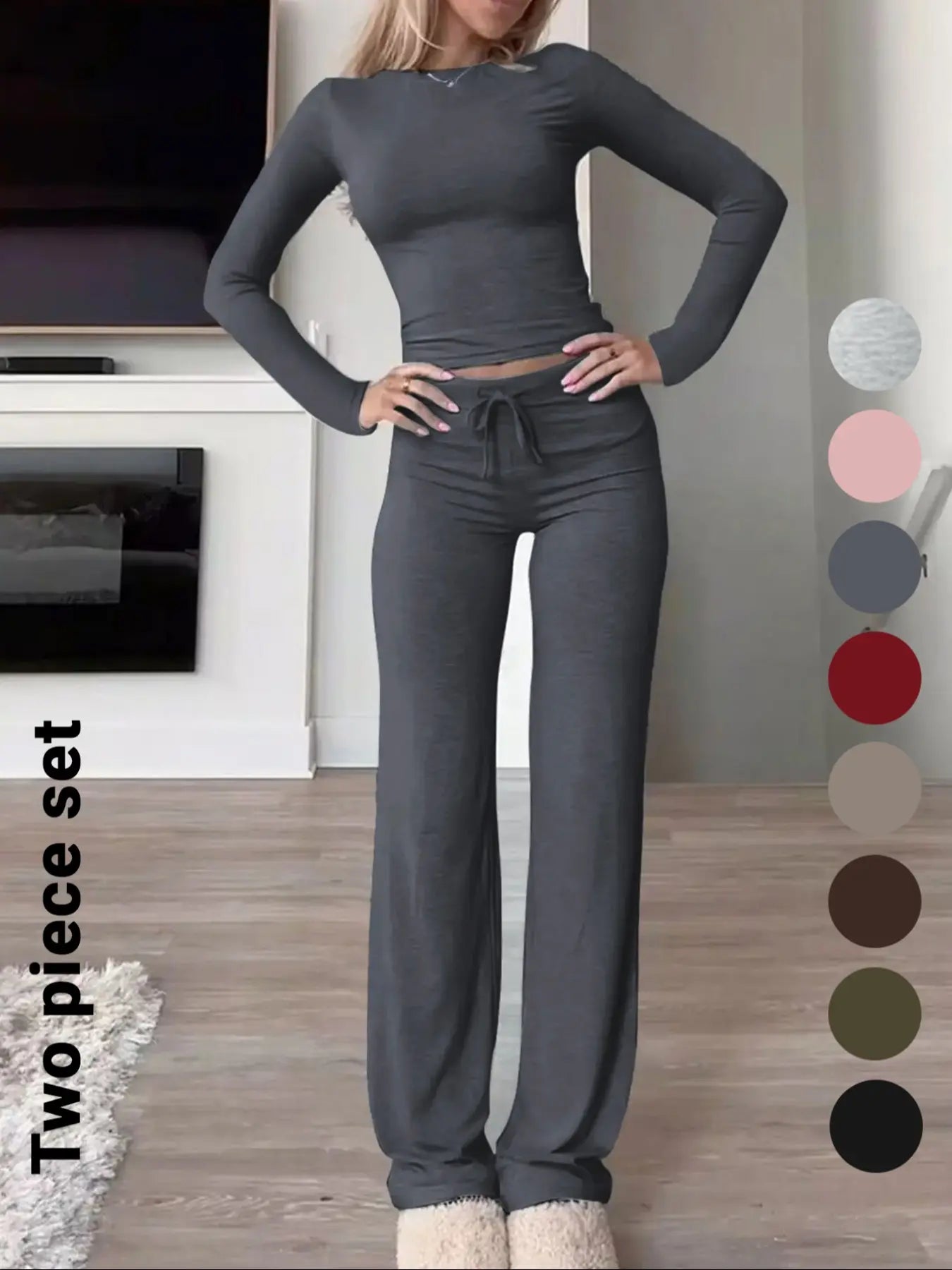 Women'S Solid-Color Long-Sleeve Soft Knit Fabric Crop Tee & High-Waisted Drawstring Pants Two-Piece Set, Casual Slim-Fit Everyday Outfit for Fall and Winter