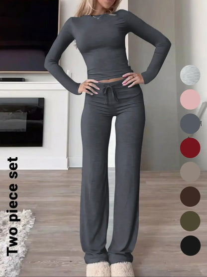 Women'S Solid-Color Long-Sleeve Soft Knit Fabric Crop Tee & High-Waisted Drawstring Pants Two-Piece Set, Casual Slim-Fit Everyday Outfit for Fall and Winter