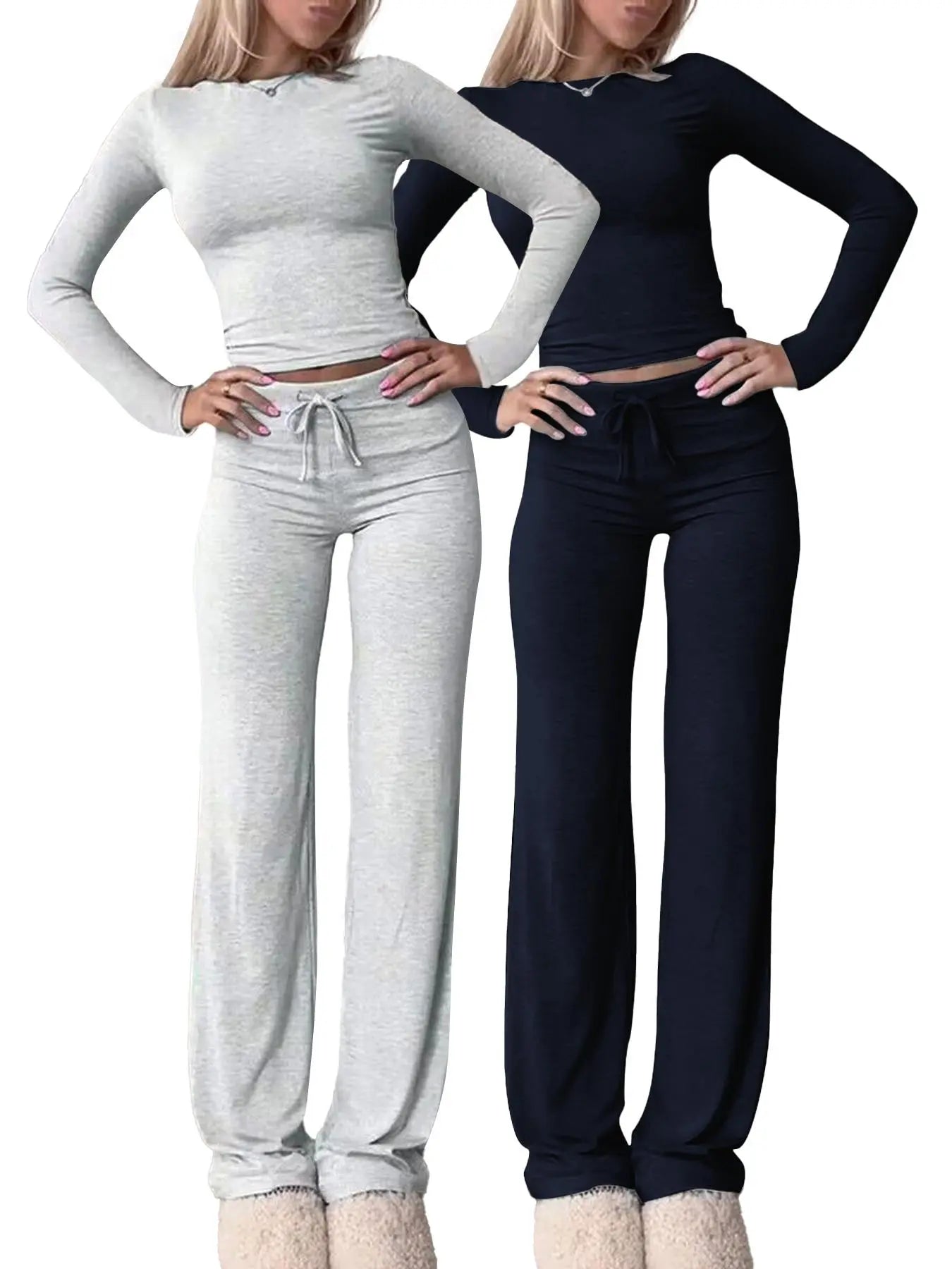 Women'S Solid-Color Long-Sleeve Soft Knit Fabric Crop Tee & High-Waisted Drawstring Pants Two-Piece Set, Casual Slim-Fit Everyday Outfit for Fall and Winter